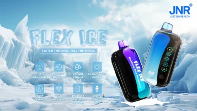 JNR Flex Ice vape device in icy landscape with key features highlighted