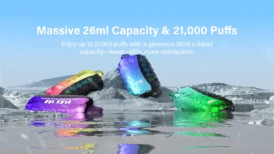 Assorted JNR Flex Ice vapes displayed on icy surface with water reflection