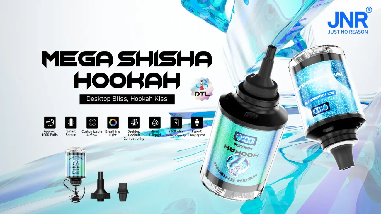 JNR Mega Shisha Hookah device featuring smart screen, 60ml e-liquid, and 100,000 puffs