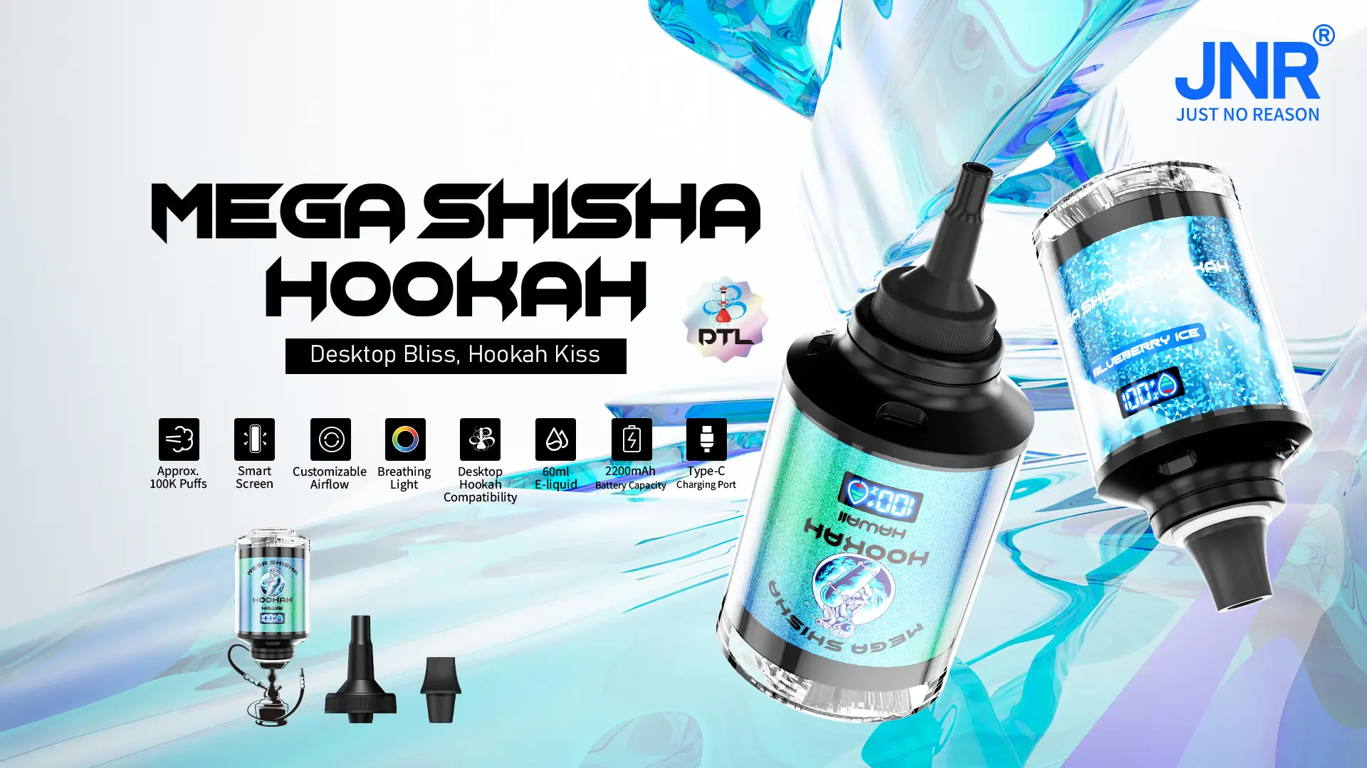 JNR Mega Shisha Hookah device featuring smart screen, 60ml e-liquid, and 100,000 puffs