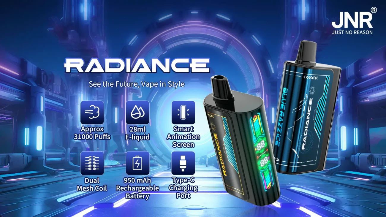 JNR Radiance vape with futuristic interface and product highlights