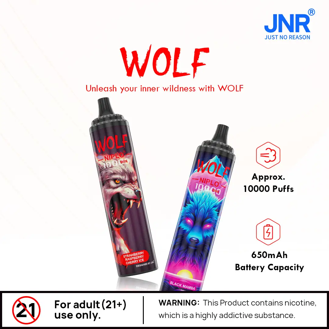 JNR WOLF disposable vape with 10,000 puffs and 650mAh battery, featuring fierce wolf designs