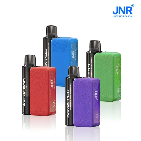 Colorful JNR AeroX POD disposable vape devices in red, blue, green, and purple with sleek black mouthpieces.