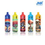 Colorful lineup of JNR Alien 10000 puffs disposable vape devices featuring flavors like Mixed Berry, Lemon Lime, Watermelon Lychee, Gummy Bear, and Strawberry Candy Ice with illustrated alien and skull characters on the packaging.