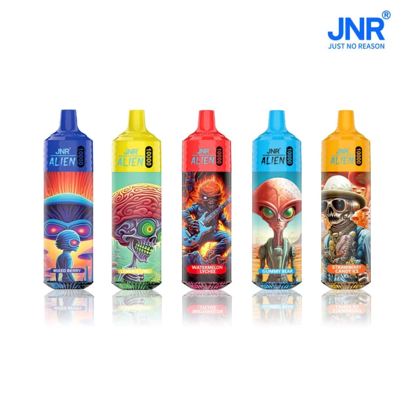 Colorful lineup of JNR Alien 10000 puffs disposable vape devices featuring flavors like Mixed Berry, Lemon Lime, Watermelon Lychee, Gummy Bear, and Strawberry Candy Ice with illustrated alien and skull characters on the packaging.