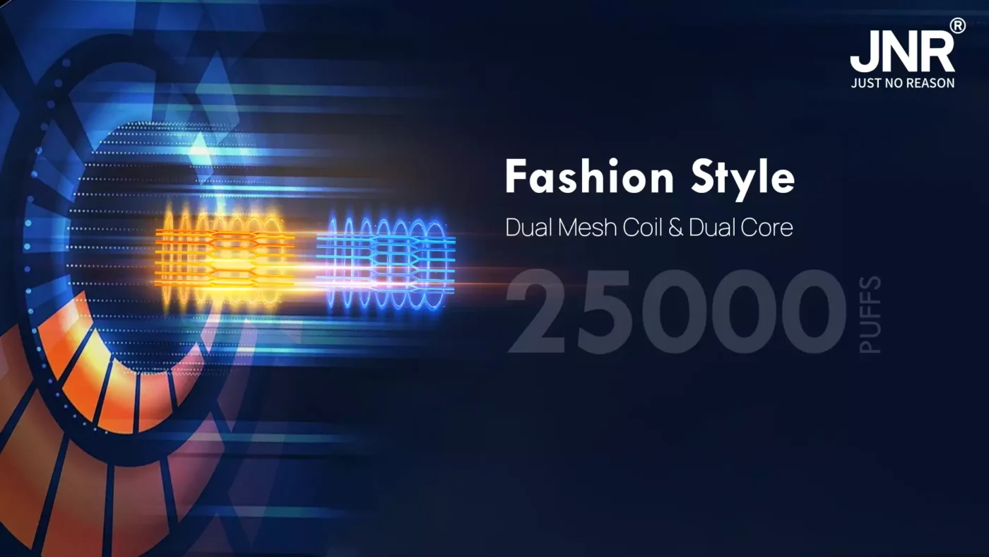 Abstract digital illustration of JNR vape’s dual mesh coil and core system emitting orange and blue energy waves, highlighting advanced 25000 puff technology