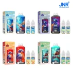 JNR Falcon-X disposable vape devices in four flavors with corresponding boxes and e-liquid refill bottles.