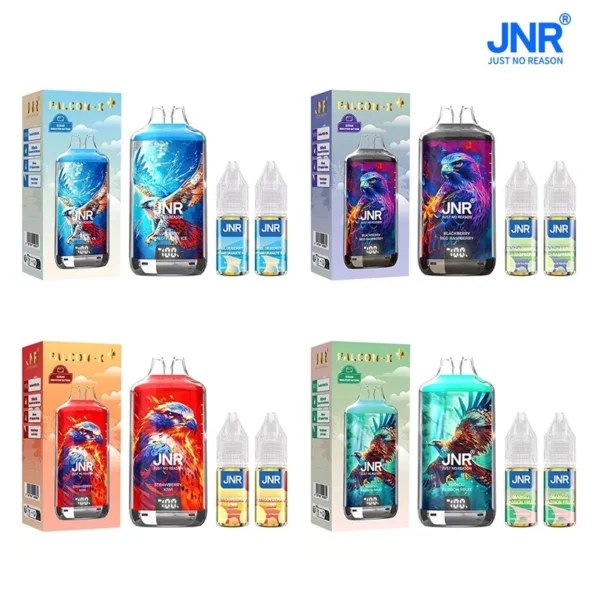 JNR Falcon-X disposable vape devices in four flavors with corresponding boxes and e-liquid refill bottles.