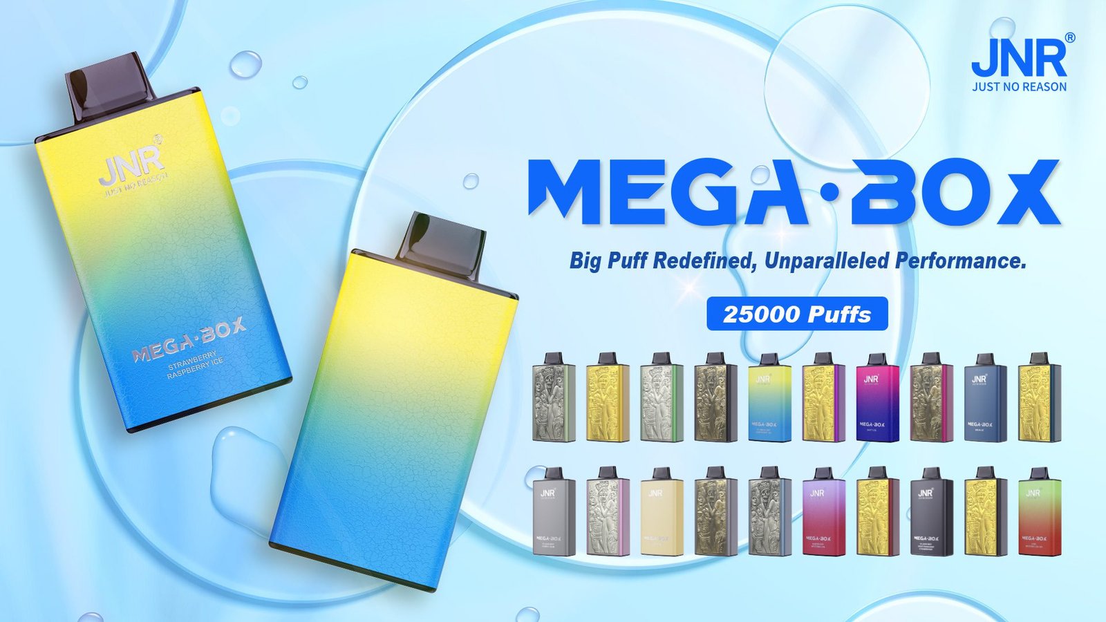 Two JNR MEGA BOX disposable vapes with a yellow-to-blue gradient design, displayed alongside a variety of colorful vape models on a water droplet-themed blue background