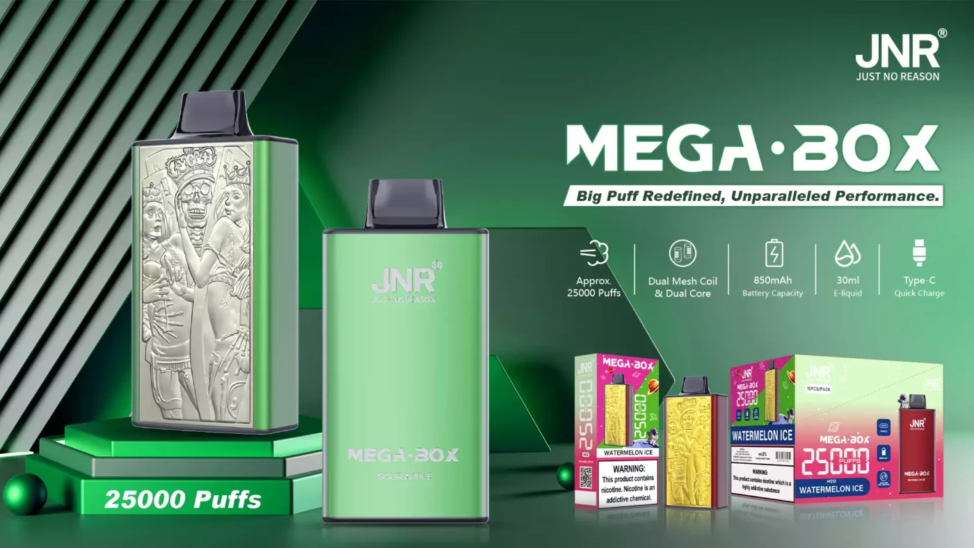 JNR MEGA BOX disposable vape devices in green and gold, with 25,000 puff count, dual mesh coil and sour apple and watermelon ice flavor packaging displayed on a green futuristic background