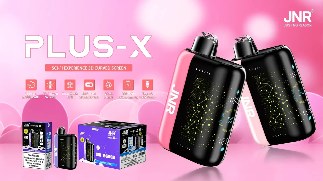 JNR PLUS-X disposable vape device featuring a black and pink design, 3D curved screen, AI smart mode, and up to 26,000 puffs with 28ml e-liquid capacity