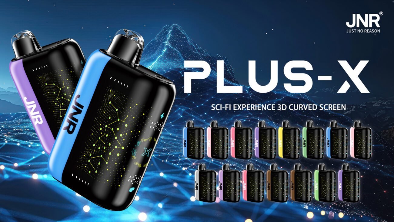 JNR PLUS-X disposable vape devices in black with colored sides, featuring a 3D curved screen and various flavor options displayed