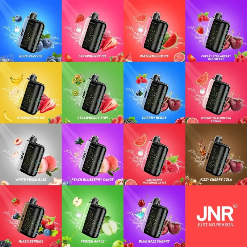 Grid of JNR PLUS-X disposable vape devices in 15+ flavors including Blue Razz Ice, Strawberry Kiwi, Raspberry Watermelon Ice, with colorful backgrounds and fruity elements