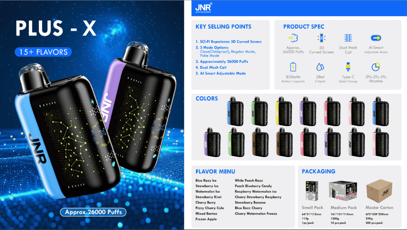 JNR PLUS-X disposable vape devices in multiple colors and flavors, featuring 3D curved screen, AI smart mode, and up to 26000 puffs