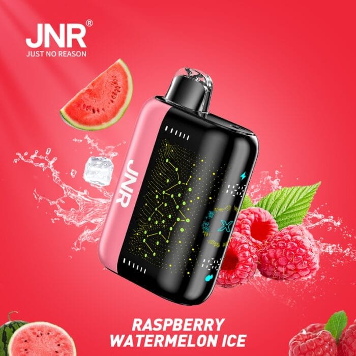 JNR PLUS-X disposable vape in Raspberry Watermelon Ice flavor with a pink design, surrounded by raspberries, watermelon, and ice splash
