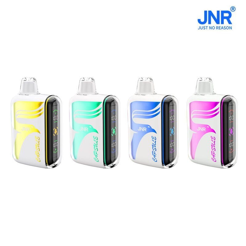 Four JNR CAPSULE disposable vape devices shown in yellow, green, blue, and pink color variants with sleek, compact designs and digital display screens
