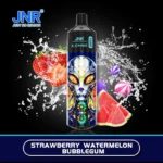 JNR Alien Max disposable vape with sleek black top and vibrant alien design, surrounded by splashing strawberries, watermelon slices, and colorful bubblegum candies