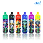 A lineup of six colorful JNR Alien Max disposable vapes featuring unique alien character designs in various colors representing different 18,000 puff flavor options