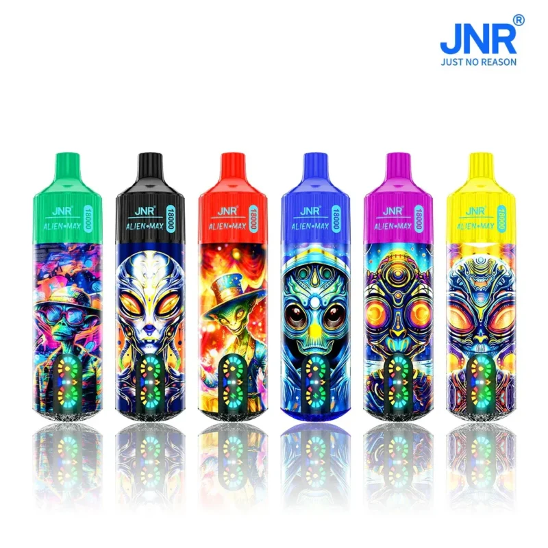 A lineup of six colorful JNR Alien Max disposable vapes featuring unique alien character designs in various colors representing different 18,000 puff flavor options