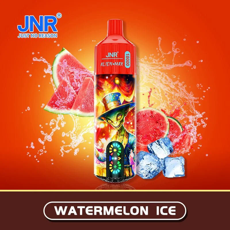 JNR Alien Max disposable vape with red top and colorful alien in a hat design, surrounded by juicy watermelon slices, ice cubes, and splash effects