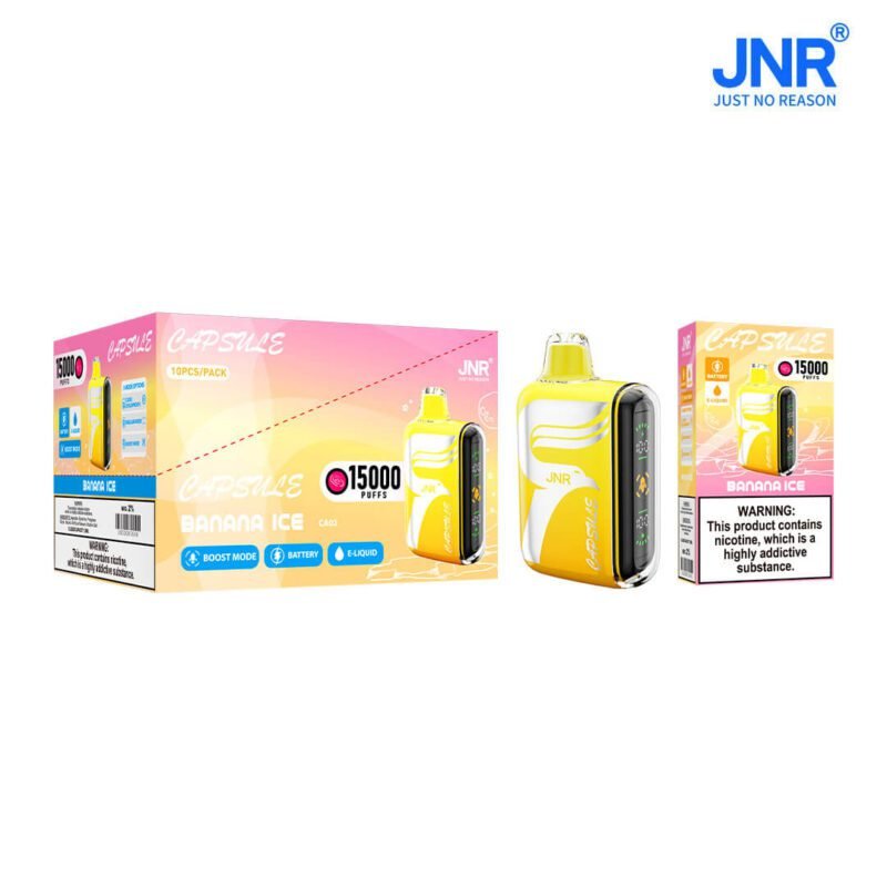 JNR Capsule Banana Ice disposable vape with bright yellow casing, 15,000 puff capacity, sleek design, flavor branding, and nicotine warning label