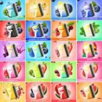 Grid of 20 JNR Capsule disposable vapes with colorful designs and assorted flavors like Blueberry Kiwi, Banana Ice, Skittles, and Watermelon Lychee, each with flavor-matching backgrounds