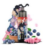 JNR Fighter Fuel Bubble Seiryu vape device with a warrior-themed design, surrounded by fresh blueberries, pink bubblegum pieces, and bubble illustrations