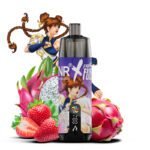 JNR Fighter Fuel Gold Hanashi vape device with a martial artist character design, surrounded by fresh dragon fruit and strawberries