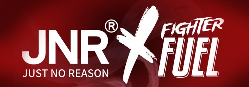 JNR Fighter Fuel logo with bold white text “Just No Reason” on a deep red background
