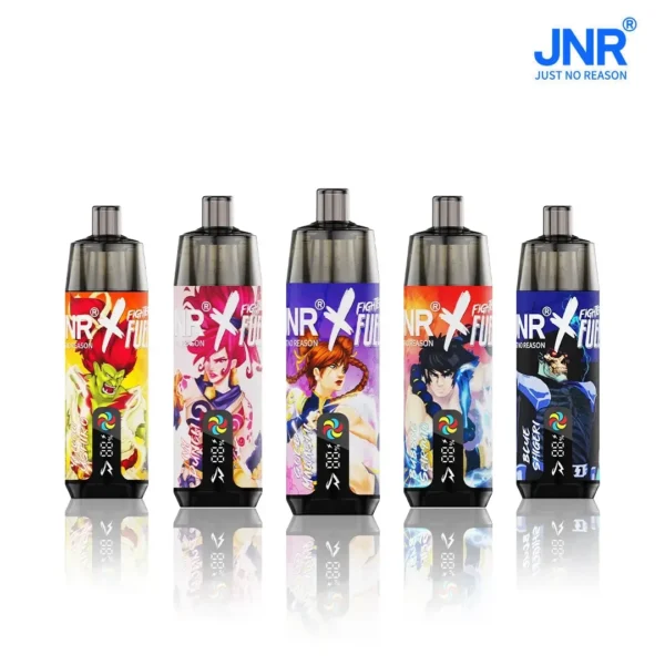 Five JNR Fighter Fuel refillable vape devices with unique illustrated character designs, featuring brand logo and transparent cartridge top