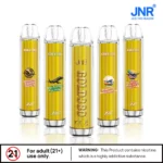 JNR GOLD380 disposable vapes in gold design, showcasing flavors including Strawberry Raspberry Cherry Ice, Kiwi Passion Fruit Guava, Strawberry Watermelon Ice, and Strawberry Watermelon Lemonade, with nicotine warning label