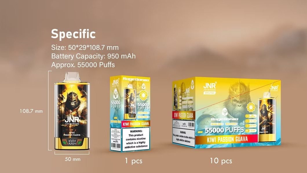 JNR Kiwi Passion Guava disposable vape with 950mAh battery, 55,000 puff capacity, product dimensions, and retail packaging shown