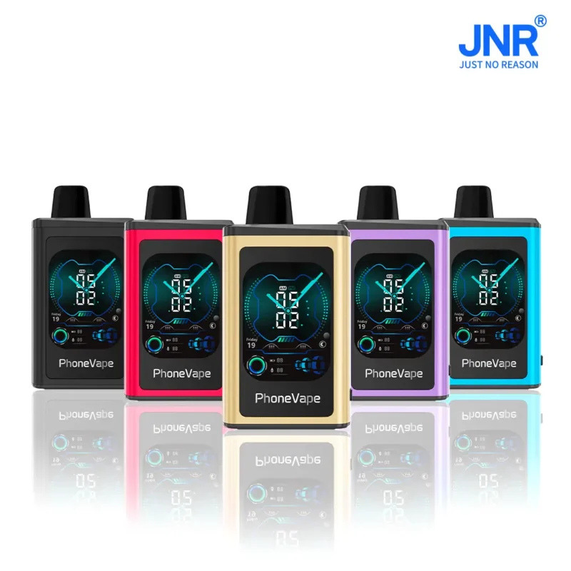 Lineup of JNR PhoneVape smart vapes in five vibrant colors — black, red, gold, purple, and cyan — featuring digital display and sleek design