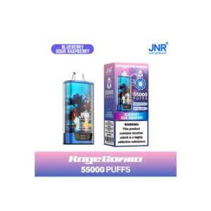 JNR Rage Gorilla disposable vape in Blueberry Sour Raspberry flavor with bold gorilla illustration, vibrant purple and blue packaging, 55,000 puff capacity, and nicotine warning label