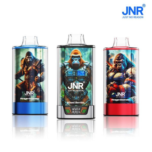 Three JNR disposable vapes featuring a gorilla warrior design with flavors Mixed Berries, Blueberry Ice, and Cherry Cola in vibrant colors