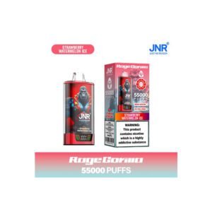 JNR Rage Gorilla disposable vape in Strawberry Watermelon Ice flavor with packaging showing 55,000 puffs and nicotine warning