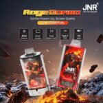 Two JNR Rage Gorilla disposable vapes with fiery background, featuring Cherry Cola and armored gorilla designs, 42ml e-liquid capacity and 55,000 puffs