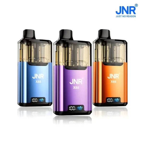 Three JNR WalrusX X88 rechargeable dual flavor vape devices in blue, purple, and orange, featuring transparent e-liquid pods and LED battery display