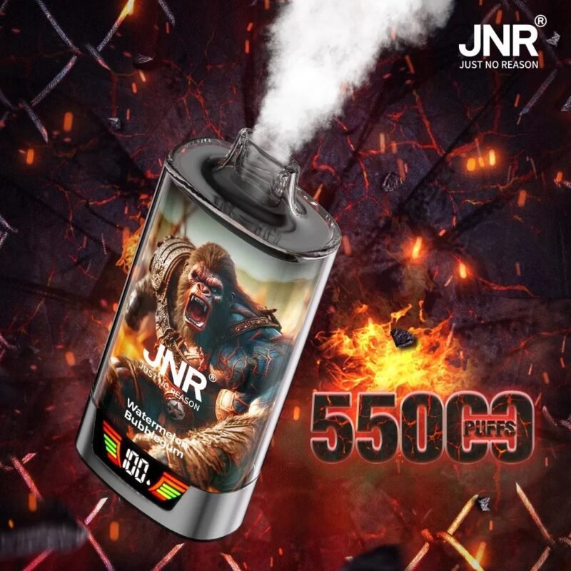 JNR Watermelon Bubblegum disposable vape emitting vapor with 55,000 puffs, LED puff display, and fiery gorilla-themed design on a dark background