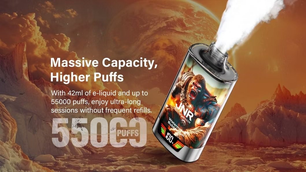 JNR Watermelon Bubblegum disposable vape emitting vapor, highlighting massive 42ml e-liquid capacity and 55,000 puff performance