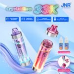 JNR Crystal Glow 33K disposable vape devices in purple and pink colors, featuring dual mesh coil, LED battery indicator, 800mAh battery, and Type-C charging port