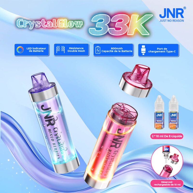 JNR Crystal Glow 33K disposable vape devices in purple and pink colors, featuring dual mesh coil, LED battery indicator, 800mAh battery, and Type-C charging port