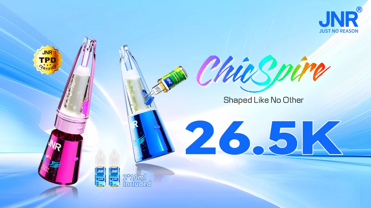 Two JNR ChicSpire vapes in pink and blue colors with refillable e-liquid bottles, TPD certification badge, and text highlighting 26.5K puffs and 2×10ml included