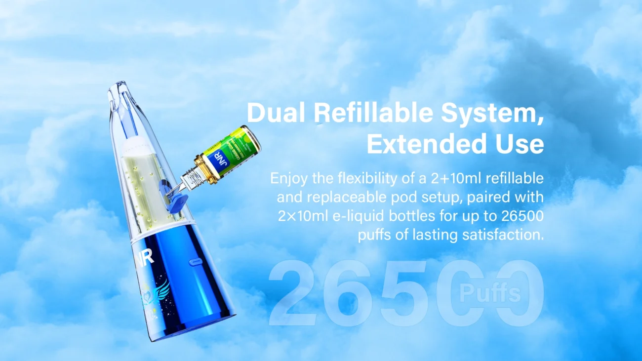 JNR ChicSpire blue vape device being refilled with a JNR e-liquid bottle on a sky-blue background with text promoting dual refillable system and extended use
