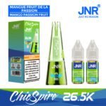 JNR ChicSpire Mango Passion Fruit vape kit displaying the green vape device, packaging box, and two 10ml refill bottles labeled Mango Passion Fruit, with 26.5K puffs highlighted