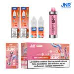 JNR Crystal Glow 33K Watermelon Ice vape kit with disposable vape device, 10ml e-liquid bottles, and packaging showing nicotine warning in French