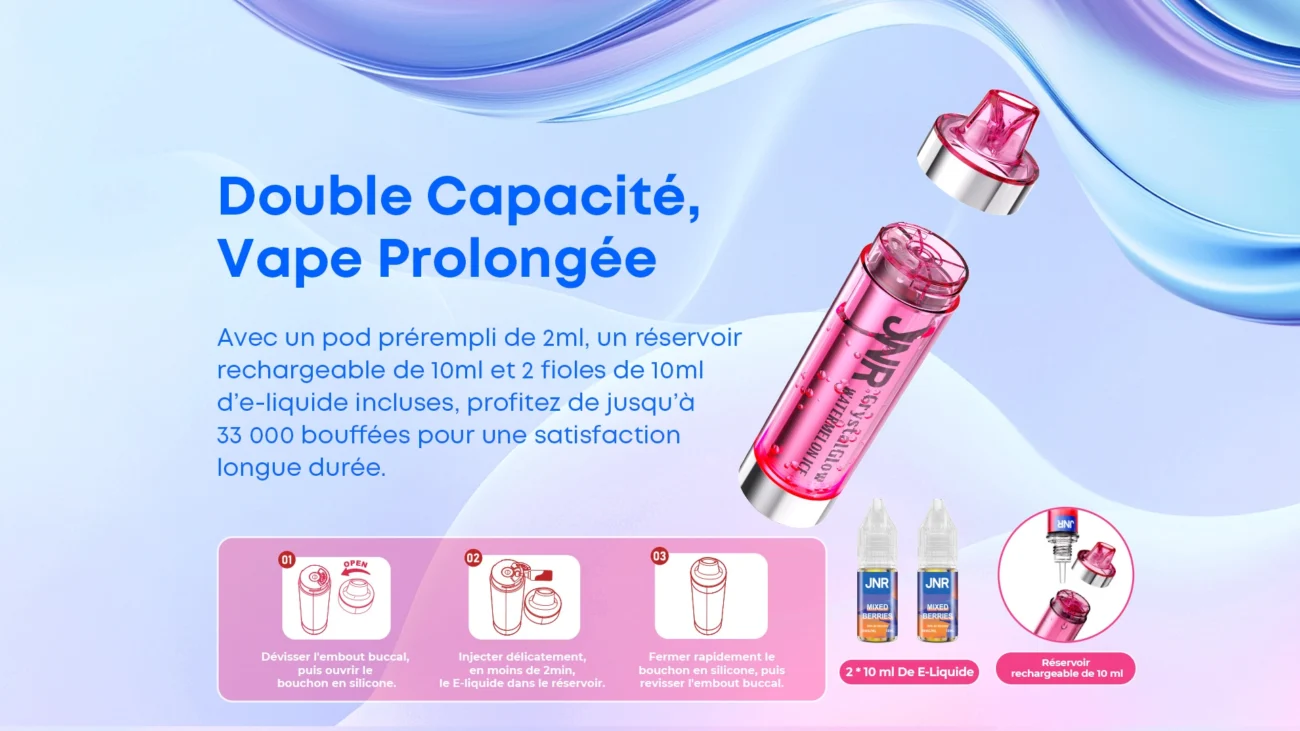 JNR Crystal Glow pink vape device with refillable 10ml tank, two e-liquid bottles, and French instructions on how to refill the pod