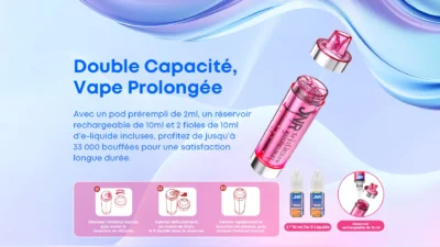 JNR Crystal Glow pink vape device with refillable 10ml tank, two e-liquid bottles, and French instructions on how to refill the pod