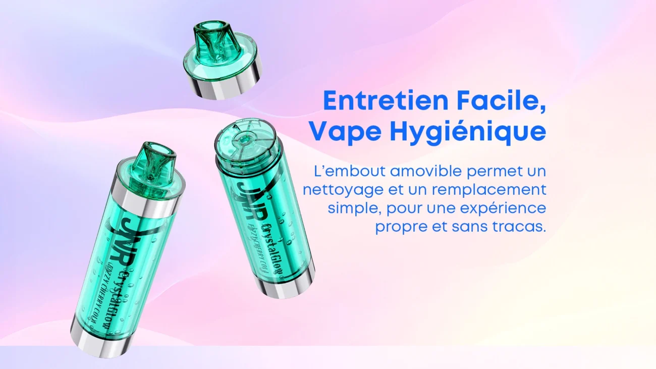 JNR Crystal Glow green vape devices with removable mouthpiece and French text describing easy cleaning and hygienic vaping experience
