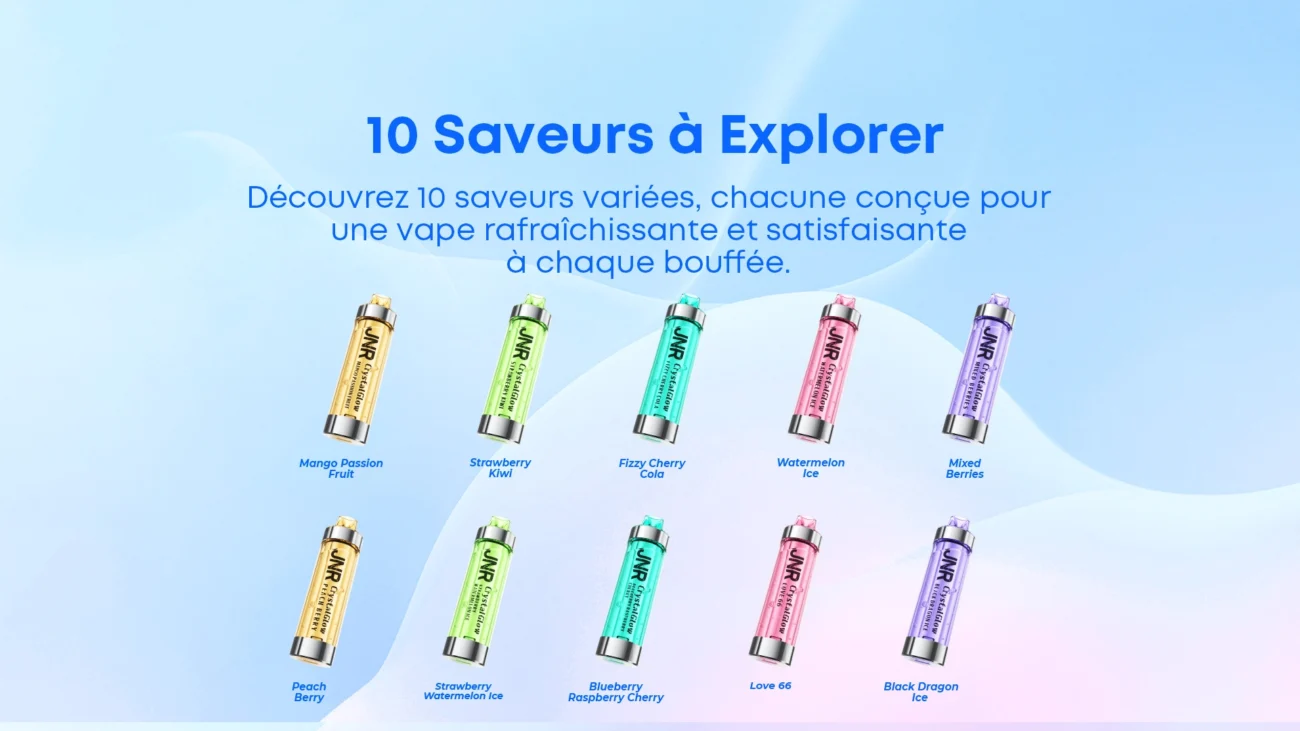 JNR Crystal Glow vapes in 10 colorful flavors including Mango Passion Fruit, Watermelon Ice, Blueberry Raspberry Cherry, and others, displayed on a blue gradient background with French text